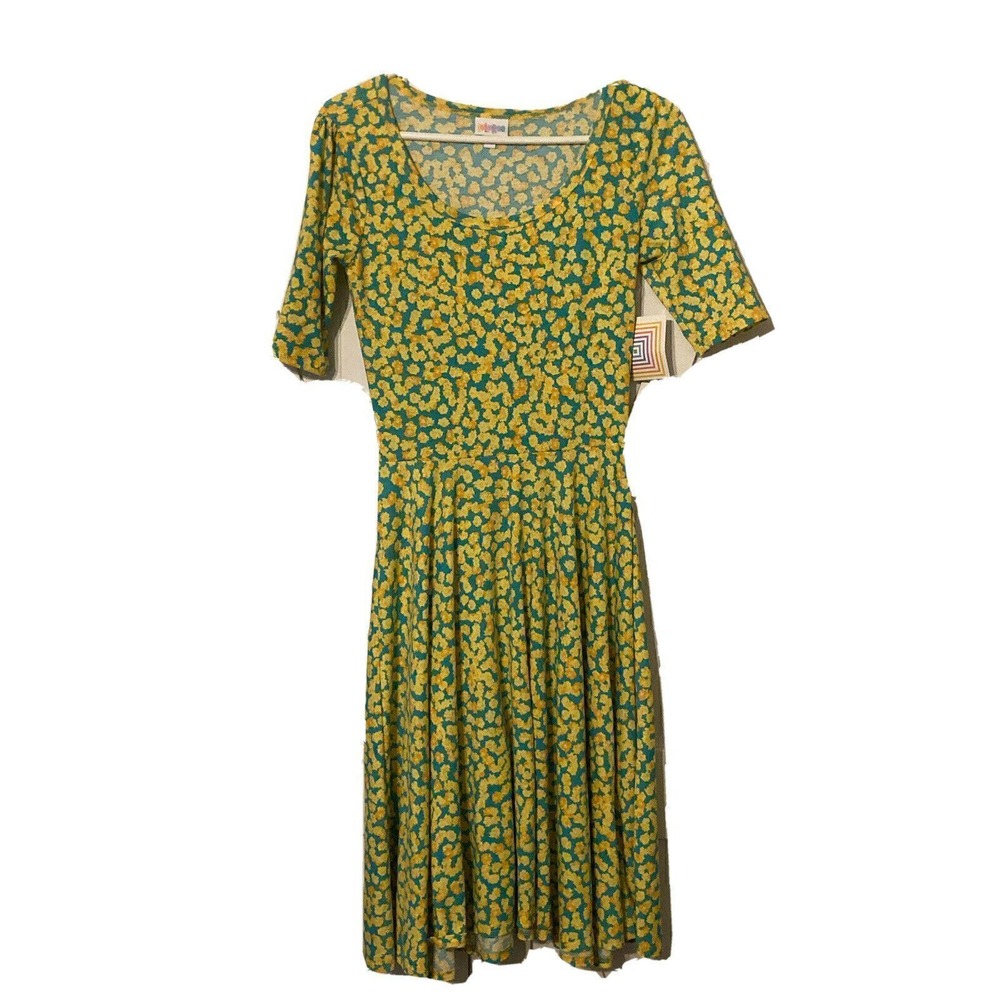 Lularoe Dress Size XS Womens Colorful Floral Fit Flared Sunshine Yellow Blue NEW